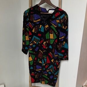 Vintage gorgeous Oleg Cassini Black and Purple Silk Dress with hand beading